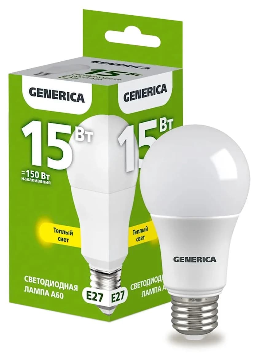 Светодиодные груши A60 15W 3000K E27 Generica