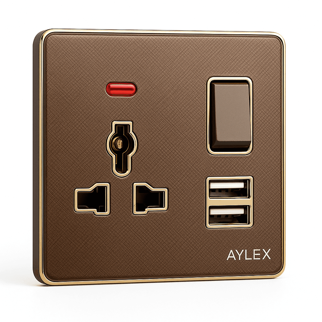 Universal yuva+indikator+açar+2 usb K2 akrilik qəhvəyi Aylex