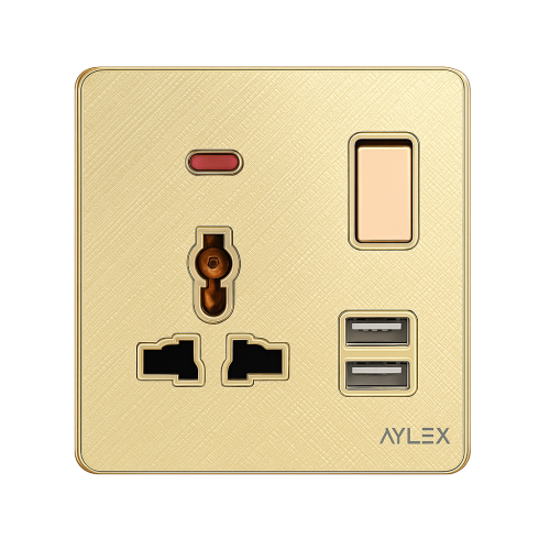Universal yuva+indiqator+açar+2usb 16A K2 akrilik qızılı Aylex 1-56 Universal yuva+indiqator+açar+2usb 16A K2 akrilik qızılı Aylex 1-56