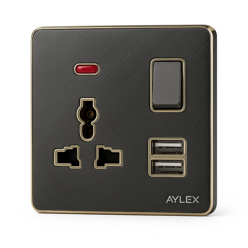 Universal yuva+indiqator+açar+2usb K2 akrilik boz Aylex 1-73 Universal yuva+indiqator+açar+2usb K2 akrilik boz Aylex 1-73